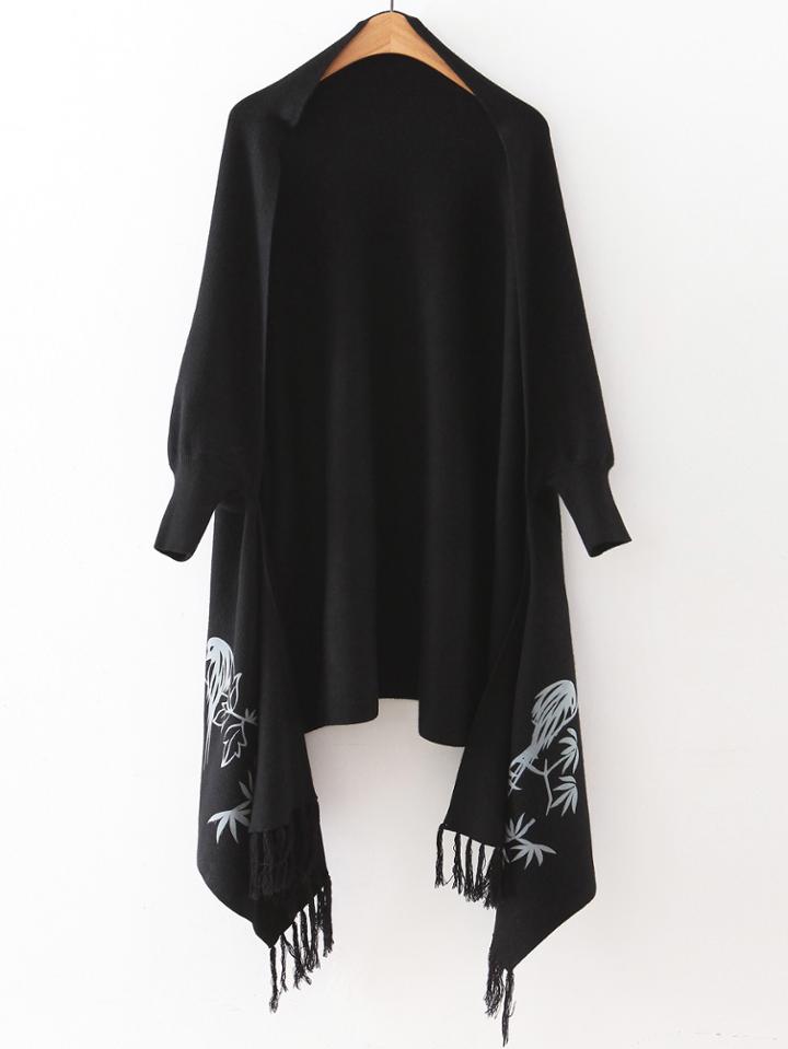 Shein Black Graphic Pattern Fringe Poncho Sweater