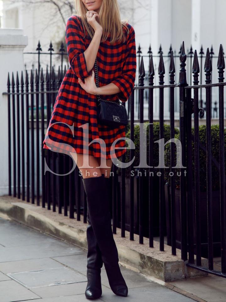 Shein Red Black Round Neck Plaid Dress