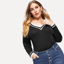 Shein Plus V-neck Striped Trim Top