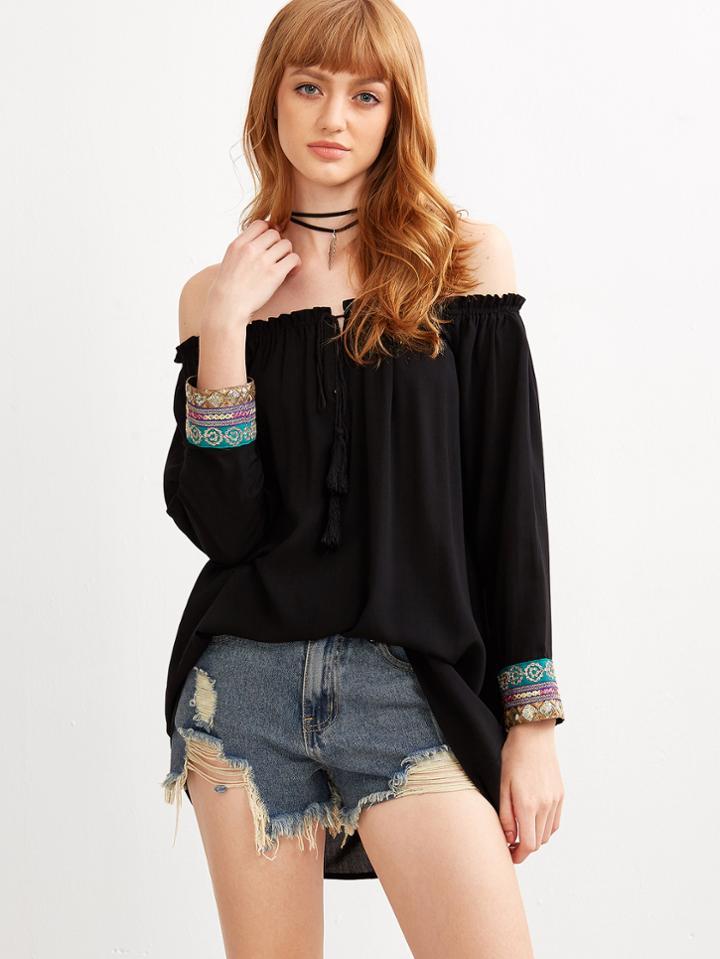 Shein Black Off The Shoulder Top With Embroidered Sequin Cuff