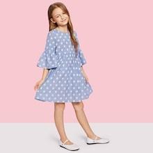 Shein Girls Keyhole Back Bell Sleeve Polka Dot Dress