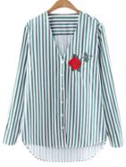 Shein Multicolor Stripe Buttons Front Flower Embroidery Blouse