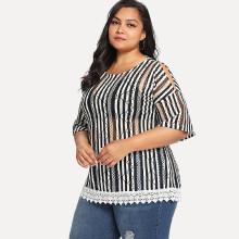 Shein Plus Lace Hem Split Sleeve Striped Fishnet Top