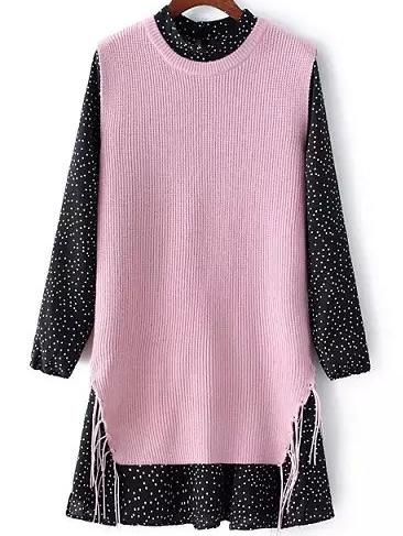 Shein Pink Black Polka Dot Tassel Two Pieces Dress