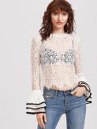 Shein White Contrast Binding Bell Sleeve Floral Lace Top