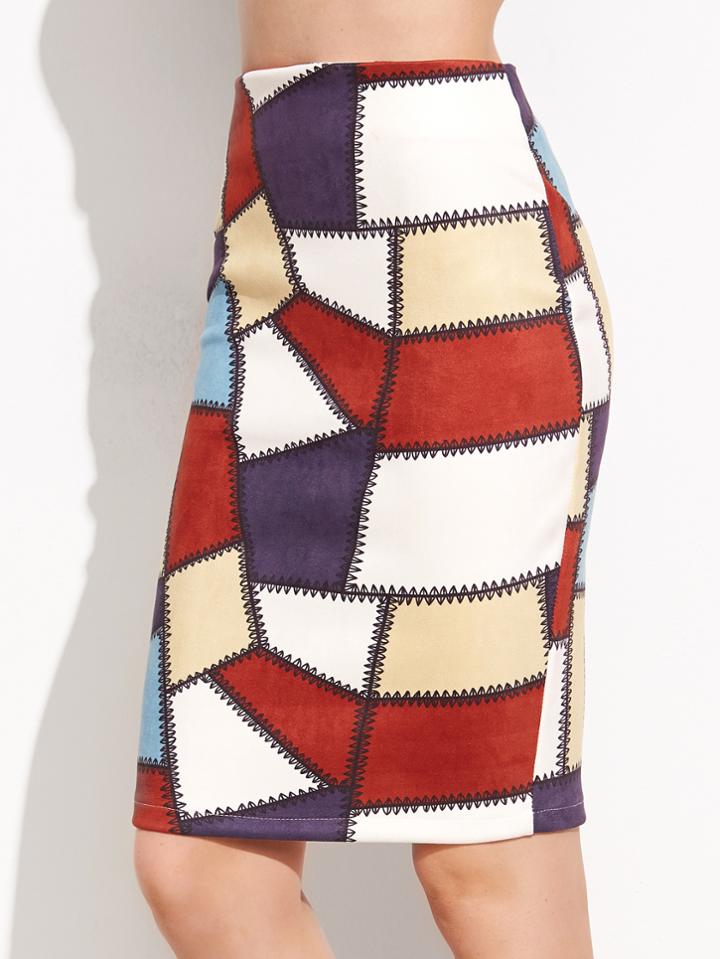 Shein Patchwork Slit Back Pencil Skirt