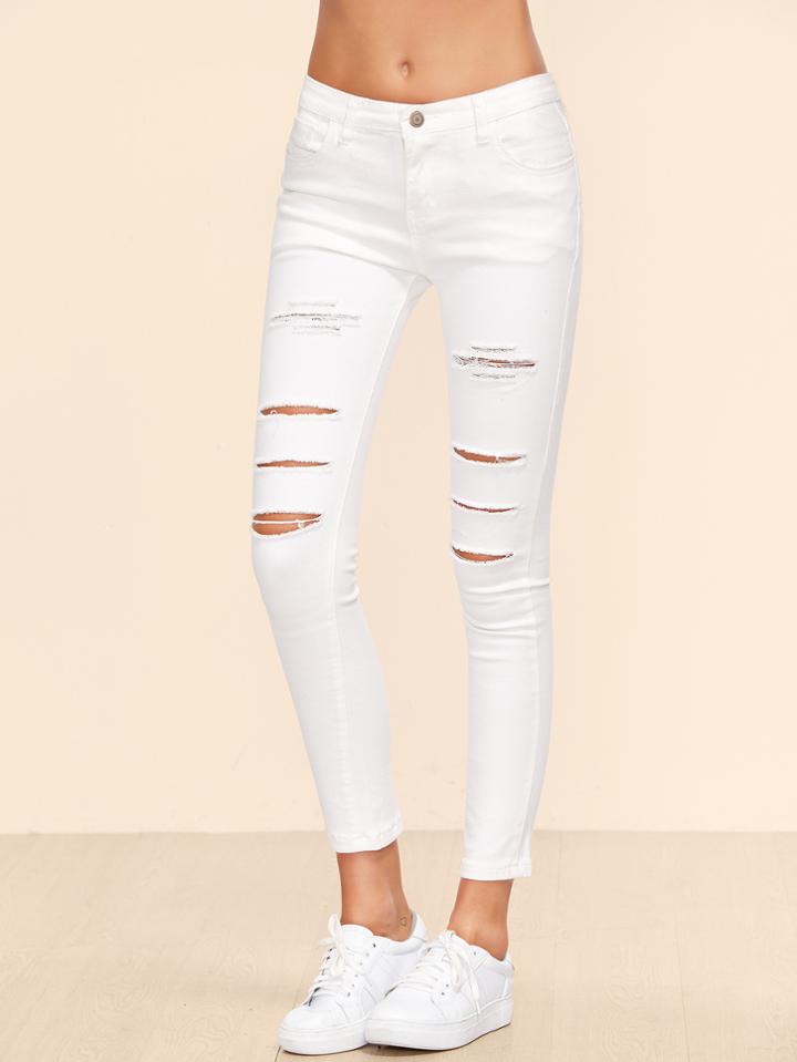Shein White Ripped Ankle Jeans