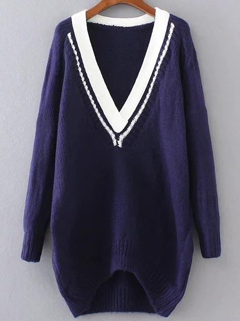 Shein Navy Contrast V Neck High Low Sweater