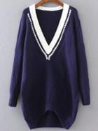 Shein Navy Contrast V Neck High Low Sweater