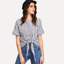 Shein Knot Front Keyhole Back Flounce Sleeve Striped Top
