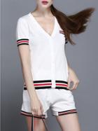 Shein White V Neck Striped Top With Shorts