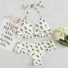 Shein Pineapple Print Ruffle Trim Halter Bikini Set