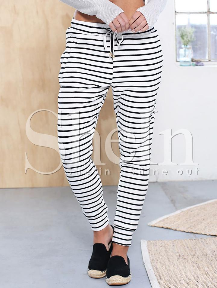Shein White Black Tie-waist Striped Pants