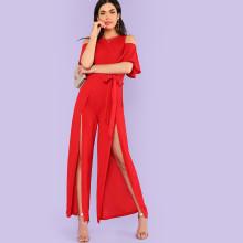 Shein Cold Shoulder Slit Front Belted Jumpsuit