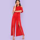 Shein Cold Shoulder Slit Front Belted Jumpsuit