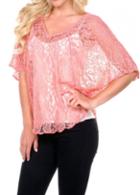 Rosewe Batwing Sleeve Semi Sheer Pink Lace Blouse