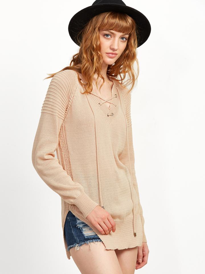 Shein Apricot Lace Up Slit Side Sweater