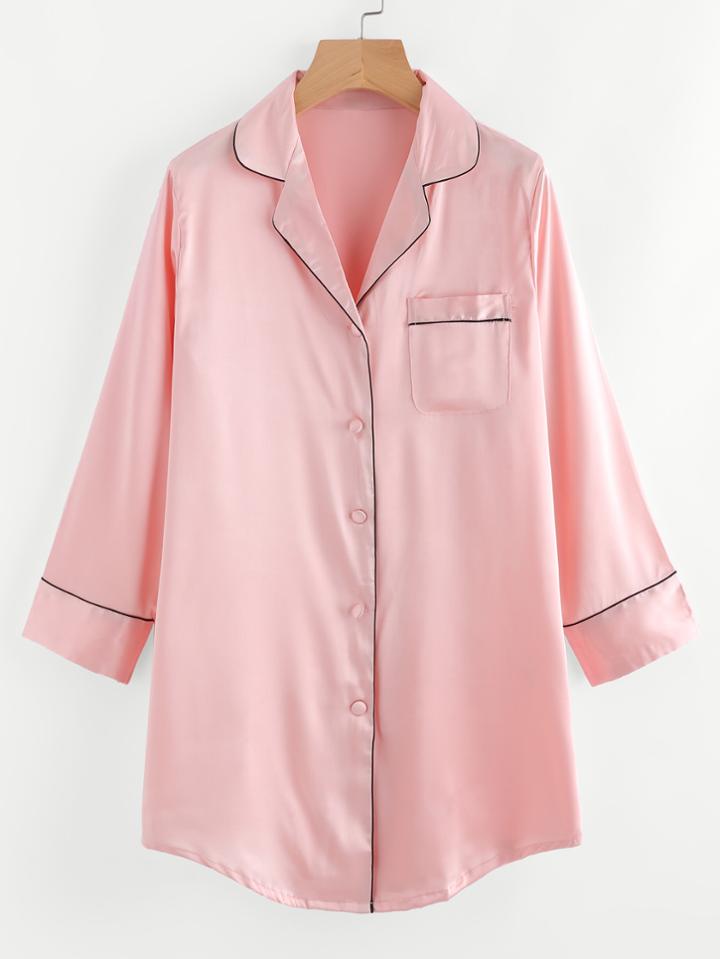 Shein Contrast Trim Satin Pyjama Shirt Dress