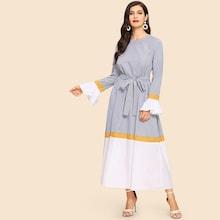 Shein Waist Belted Bell Sleeve Color Block Dress