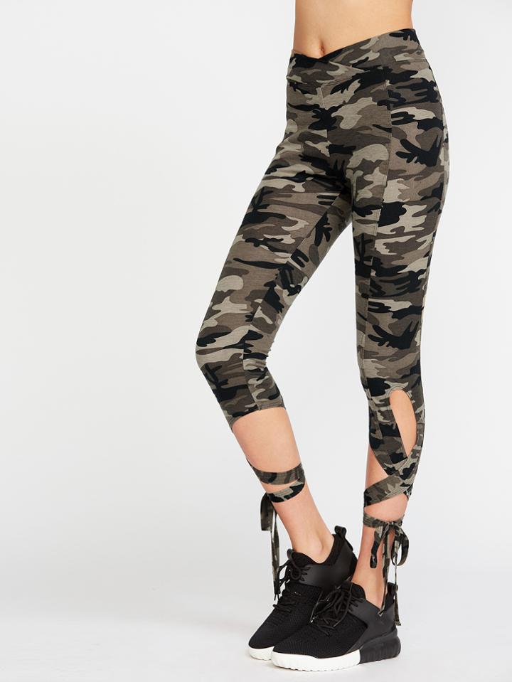 Shein Olive Green Camo Print High Waist Criss Cross Tie Leggings