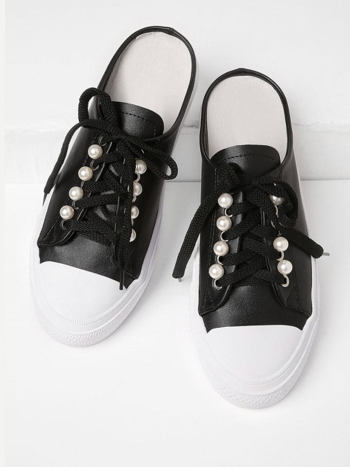 Shein Faux Pearl Embellished Lace Up Pu Shoes