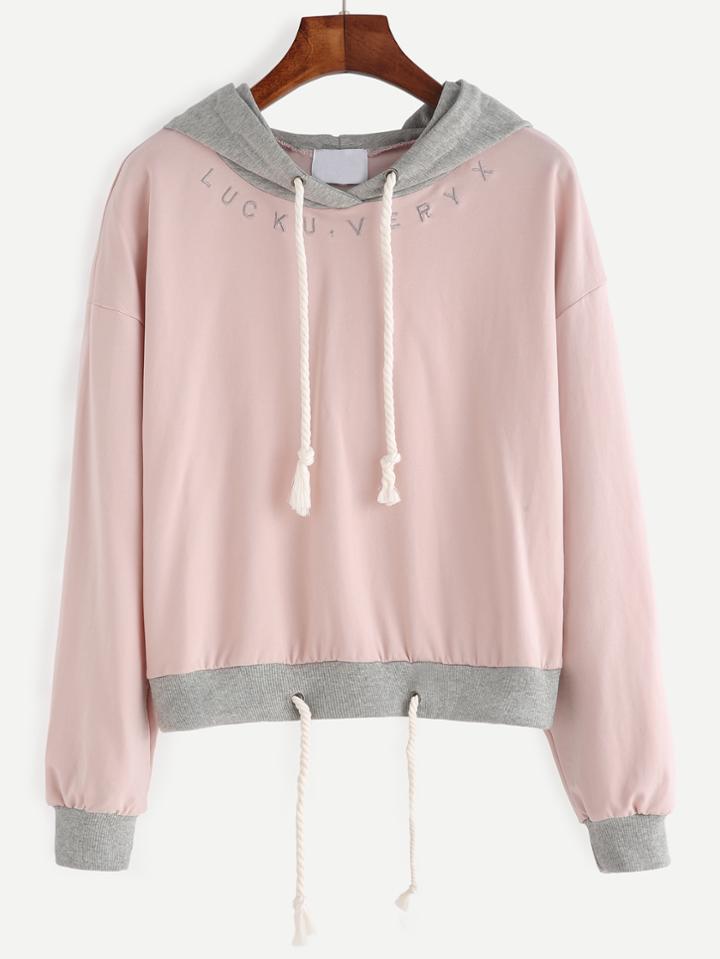 Shein Pink Embroidered Contrast Trim Drawstring Hooded Sweatshirt