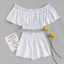 Shein Pinstripe Bardot Top & Shorts Co-ord