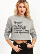 Shein Heather Grey Letter Print Drop Shoulder Crop Sweatshirt