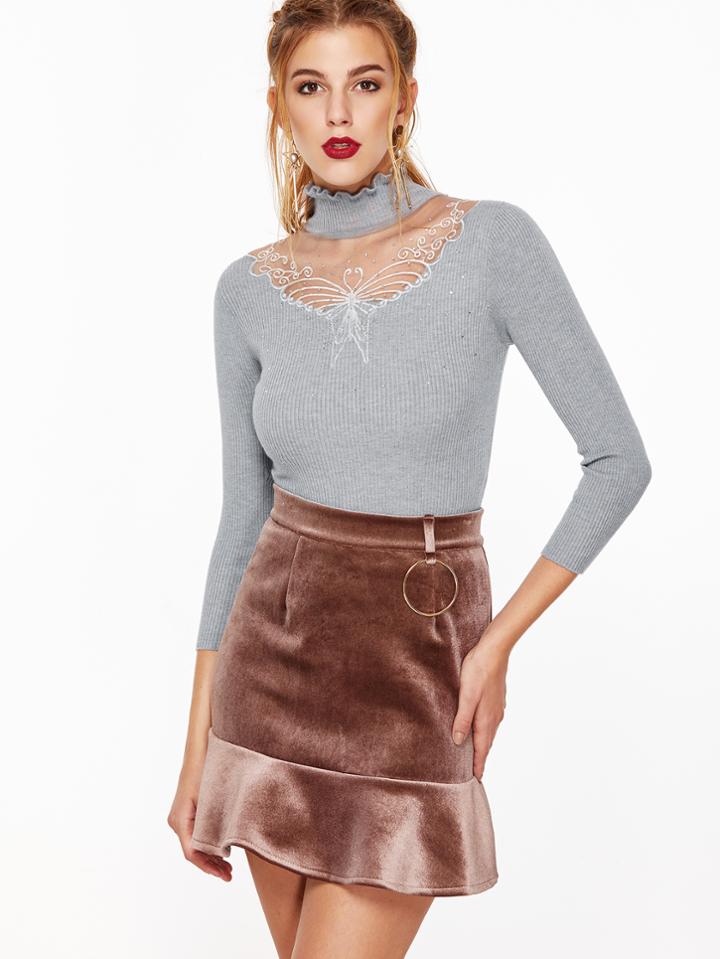 Shein Grey Ruffle Collar Mesh Insert Ribbed Sweater