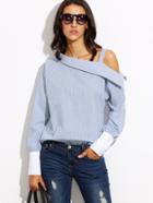 Shein Striped Fold Over Asymmetric Shoulder Contrast Cuff Blouse
