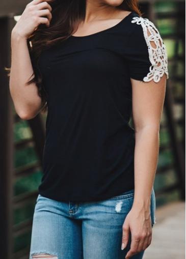 Rosewe Round Neck Lace Splicing Black T Shirt
