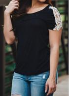 Rosewe Round Neck Lace Splicing Black T Shirt