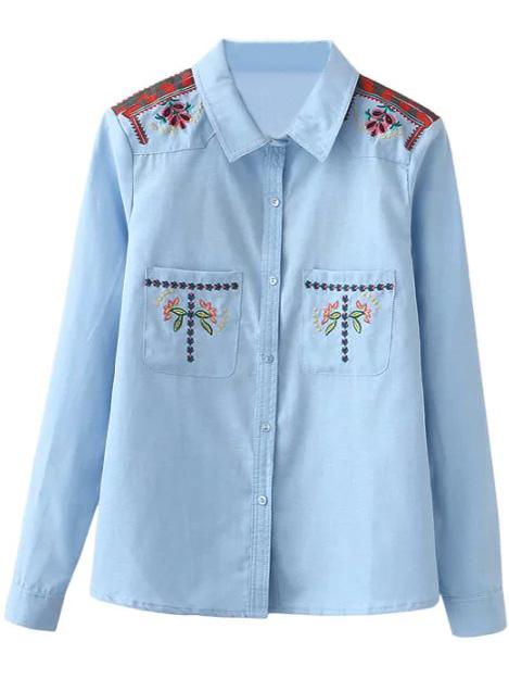 Shein Blue Pockets Embroidery Denim Blouse