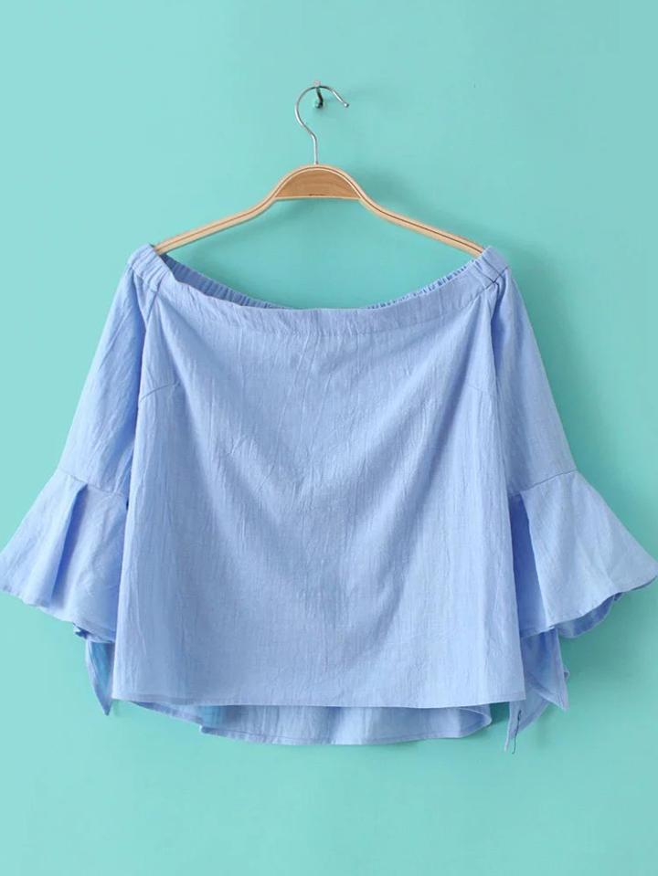 Shein Blue Boat Neck Ruffle Cuff Dipped Hem Blouse