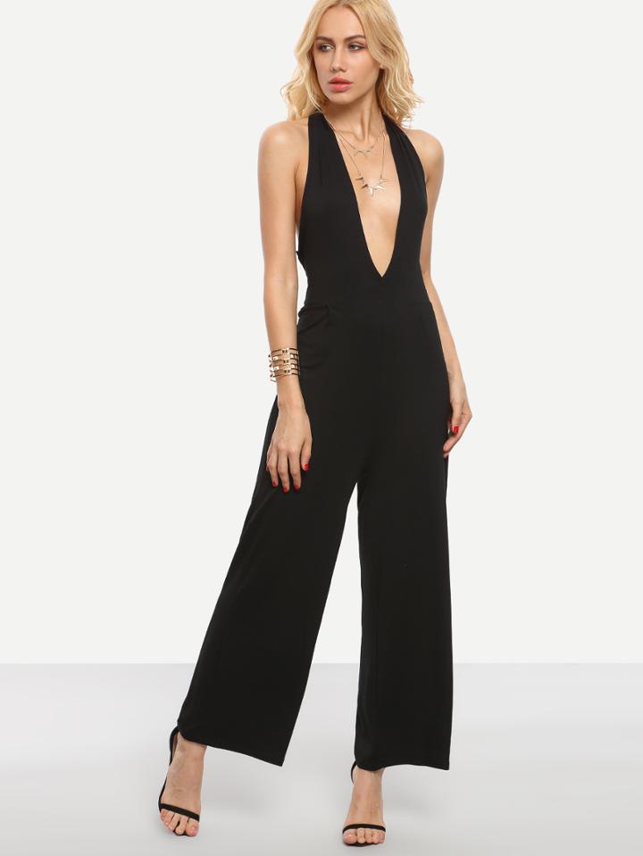 Shein Plunge Halter Neck Backless Jumpsuit - Black