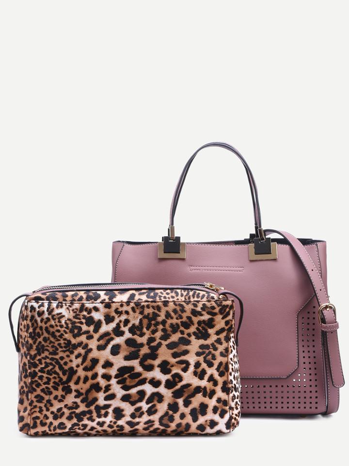 Shein Pink Laser Cut Satchel Bag With Leopard Makeup Bag