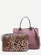 Shein Pink Laser Cut Satchel Bag With Leopard Makeup Bag