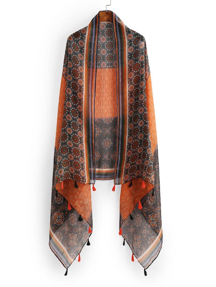 Shein Retro Print Color Block Scarf With Fringe
