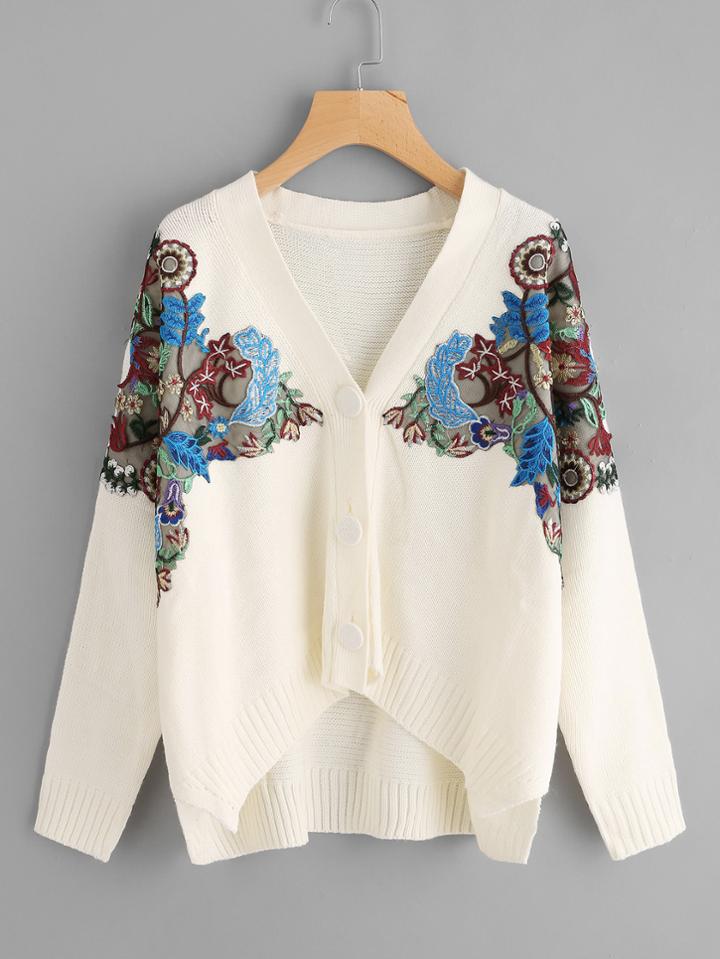 Shein Embroidered Patch Dip Hem Cardigan