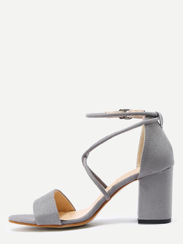Shein Grey Faux Suede Open Toe Ankle Strap Chunky Pumps
