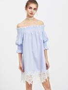 Shein Smocked Neck And Puff Sleeve Lace Trim Striped Dress