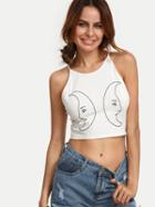 Shein White Crisscross Moon Print Crop Top