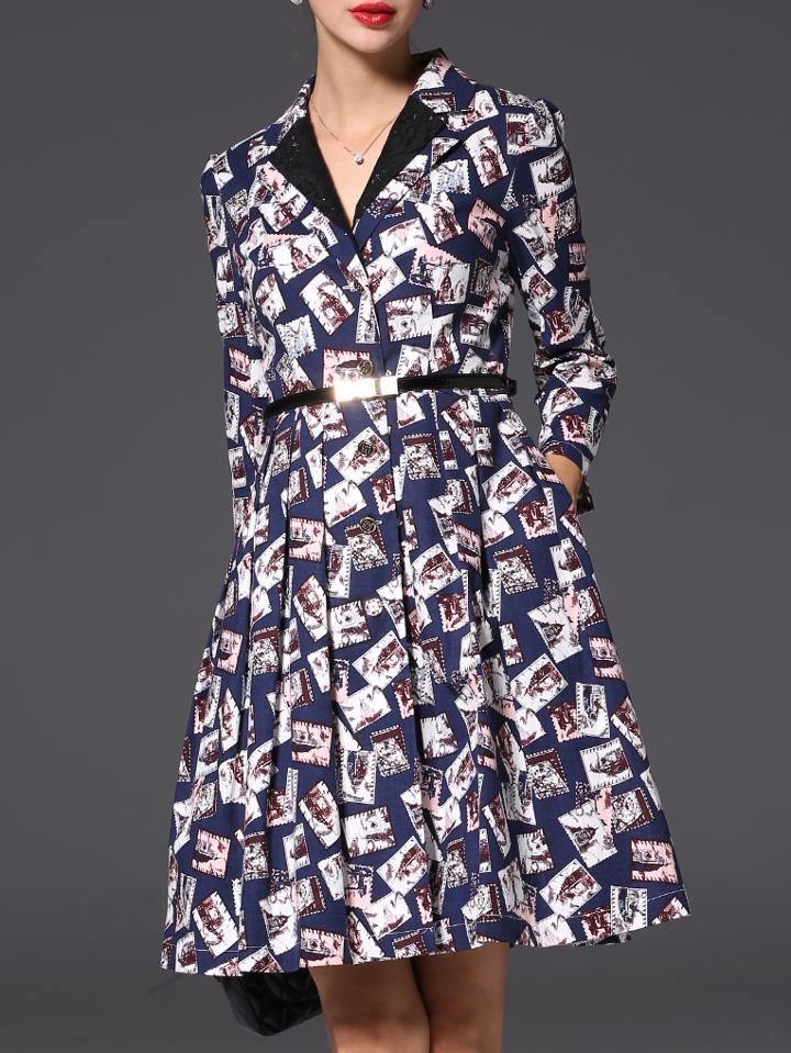 Shein Navy Lapel Belted Pockets Print A-line Dress