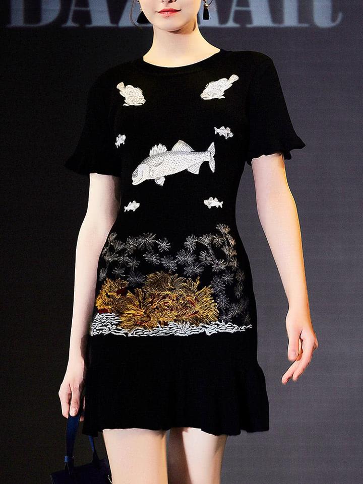 Shein Fishes Embroidered Sheath Dress