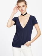 Shein Deep V Neck Crisscross Back Slit Staggered Hem T-shirt