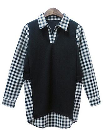 Shein Black White Lapel Plaid Plus Blouse