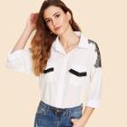 Shein Contrast Lace Shoulder Fringe Flap Pocket Blouse