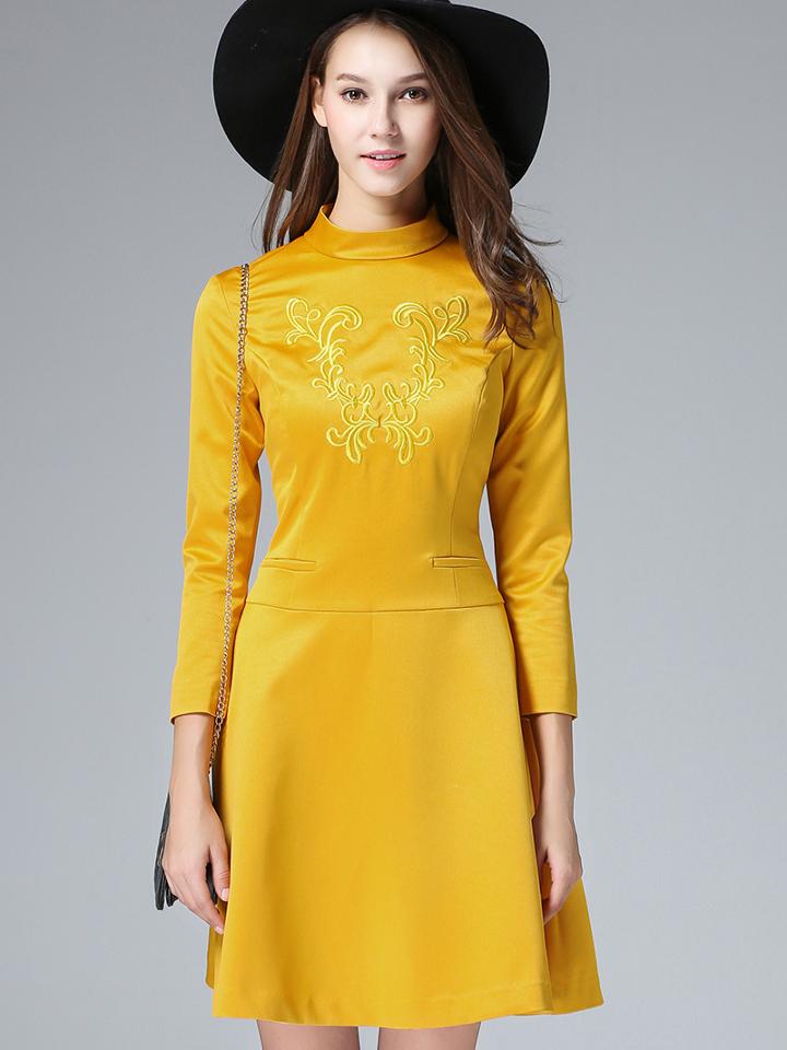 Shein Yellow Stand Collar Length Sleeve Embroidered Dress