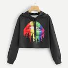 Shein Drawstring Hoodie Lip Print Sweatshirt