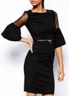 Rosewe Fabulous Flare Sleeve Round Neck Black Sheath Dress